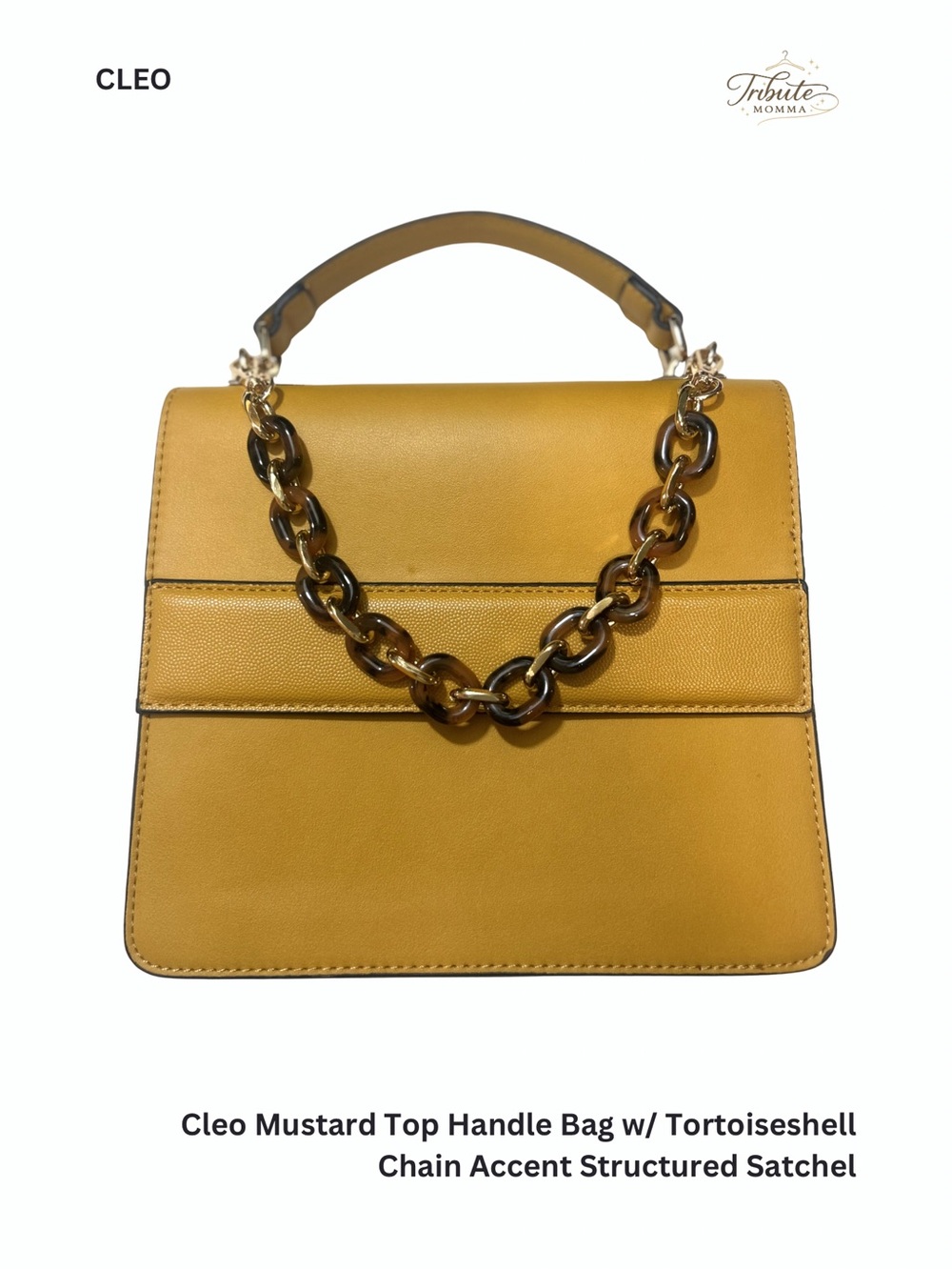 Cleo Mustard Top Handle Bag w/ Tortoiseshell Chain Accent Structured Satchel